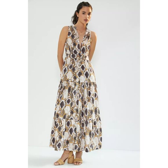 Anthropologie Maeve Snake-Printed Maxi Dress Tiered Cotton Summer Boho Preppy 6P - Picture 1 of 14